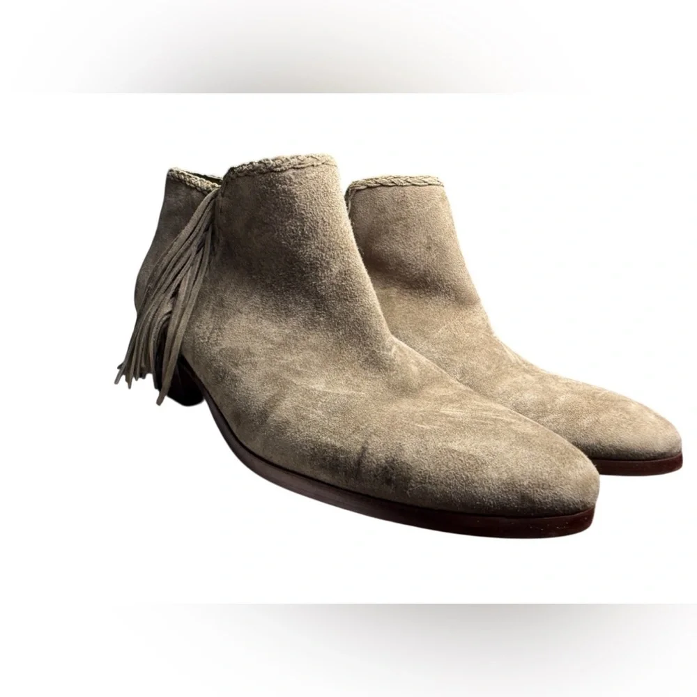 Sam Edelman Paige Fringe Gray Suede Boho Wooden Heel Ankle Booties